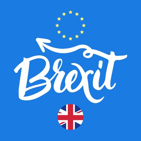 Brexit hand lettering text with United Kingdom flag and EU flag. Vector background about referendum in Great Britain.のイラスト素材