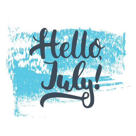 Hand drawn typography lettering phrase Hello, july on the blue sketch isolated on the white background. Fun calligraphy for typography greeting and invitation card or t-shirt print design.のイラスト素材