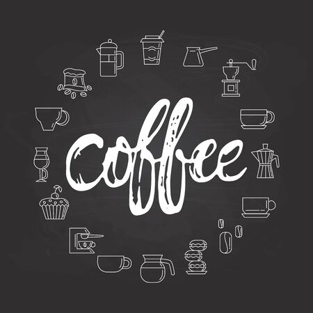Coffee - hand drawn lettering phrase, isolated on the chalkboard background with coffee icons circle. Fun brush ink inscription for photo overlays, typography greeting card or print, poster design.のイラスト素材