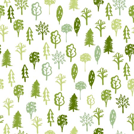 Forest - hand drawn seamless pattern with sketch green trees illustration isolated on the white...