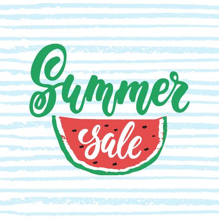 Summer sale - hand drawn lettering phrase isolated on the striped background with watermelon. Advertising template for banner, shop and store poster design and season flyers.のイラスト素材