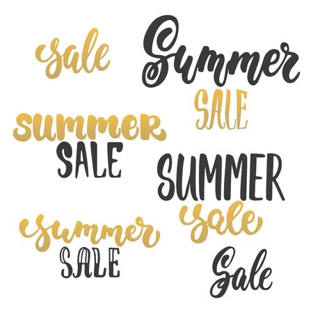 Summer sale - hand drawn golden lettering phrases set isolated on the white background. Advertising template for banner, shop and store poster design and season flyersのイラスト素材