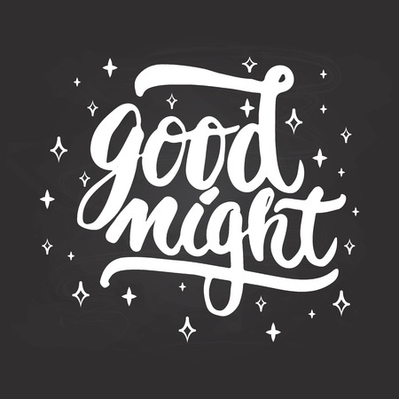 Good night - hand drawn lettering phrase isolated on the chalkboard background. Fun brush ink inscription for photo overlays, greeting card or t-shirt print, poster design.のイラスト素材