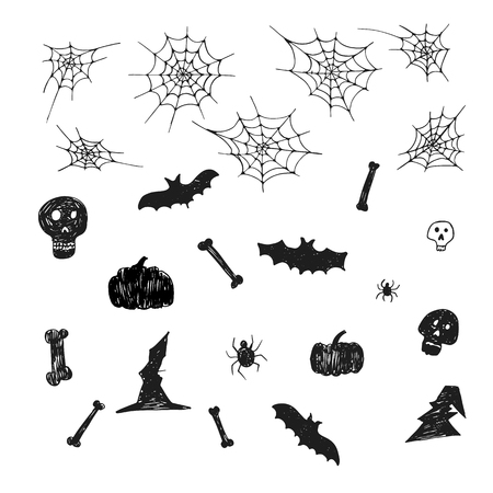 Set of spider web silhouette and pupmkins, spiders, bones, hats, skulls and bats, isolated on the white background. Hand drawn elements for Halloween decorationのイラスト素材