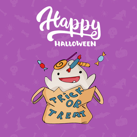 Happy Halloween - party hand drawn lettering and sketch card with cute ghost and a bag of sweets. Fun colorful greeting card, illustration for t-shirt print, banner, flyer, poster designのイラスト素材