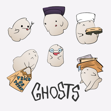 Cute Ghost Characters Set Halloween Party Hand Drawn Lettering