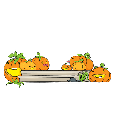 Cute pumpkin character on the porch isolated on the white background. Halloween party hand drawn sketch. Fun colorful illustration for t-shirt print, banner, flyer, poster designのイラスト素材