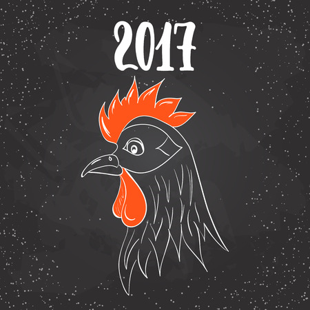 Christmas and New Year lettering calligraphy greeting card with 2017 year of the red fire rooster. Rooster drawing on the top of illustration.のイラスト素材