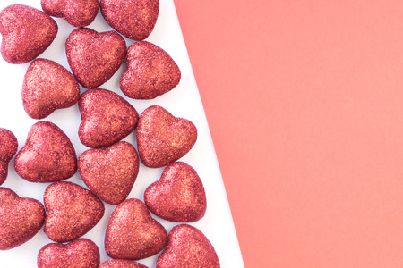 Saint Valentines Day card with hearts. Mock-up. Shallow Selective focus. Copyspace. Top view. Flat...
