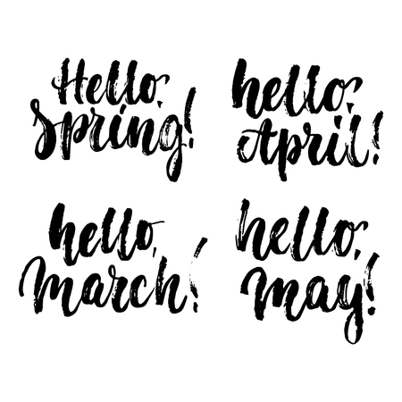 Hello, Spring, March, April, May - hand drawn lettering phrase isolated on the white background. Fun brush ink inscription for photo overlays, greeting card or t-shirt print, poster design.のイラスト素材