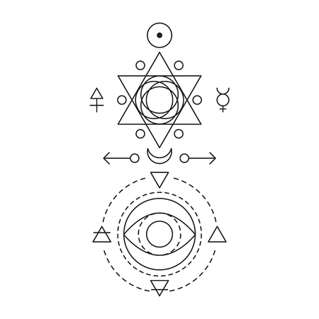 Symbol of alchemy and sacred geometry. Linear character illustration for lines tattoo on the white isolated background. Three primes: spirit, soul, body and 4 basic elements: Earth, Water, Air, Fireのイラスト素材