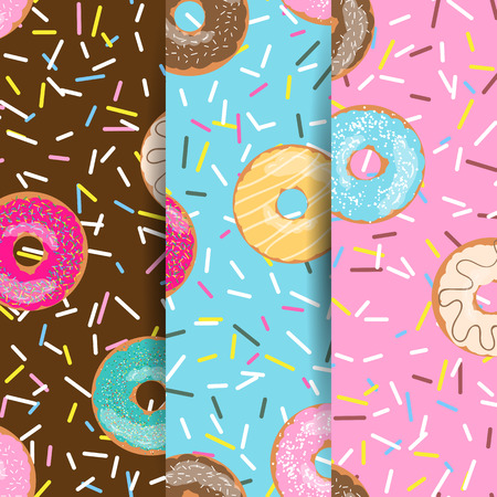 Set of seamless pattern bright tasty vector donuts and sprinkles background in cartoon style for menu in cafe and shop.のイラスト素材