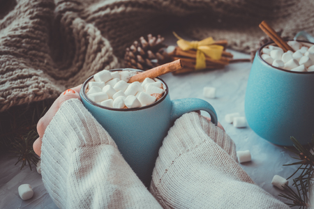 Christmas and New Year cozy holiday composition with cinnamon, scarf, woman hands holding cup, pine cone, mugs with cocoa or chocolate, marshmallow on the gray concrete background.の写真素材
