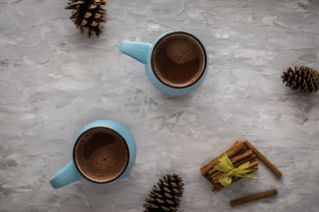 Christmas and New Year cozy holiday composition with cinnamon, pine cone, mugs with cocoa or chocolate on the gray concrete background. Flat lay, top view.の写真素材