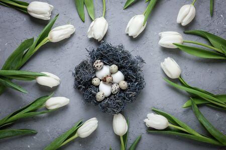 A circle of white tulips and nest with chicken and quail eggs on a gray concrete background. Top view. Flat lay. Postcard for Easter and Spring Holidays.の写真素材