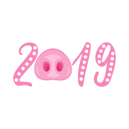 Illustration of piglet as symbol of Chinese zodiac sign. 2019 Eastern pig year. Fun brush pink vector image for banners, greeting card, poster design.のイラスト素材