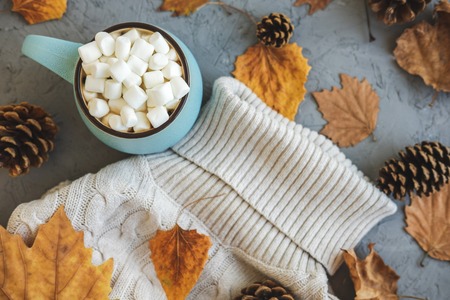 Blue mug with coffee, hot chocolate or cocoa with marshmallow on gray concrete background and lying...
