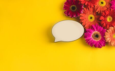 Bright beautiful gerbera flowers and bubble speech on sunny yellow background. Mothers Day,...