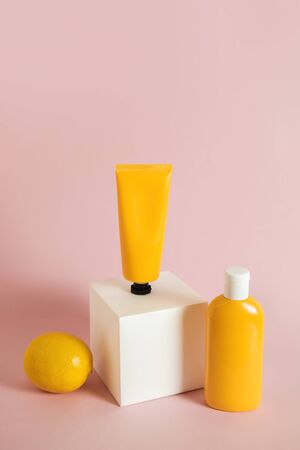 Sunscreen cream bottle for package mockup design. Minimal summer skin care concept background. Sun protection lotionの写真素材