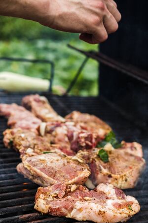 Meat steaks are grilled on an outdoor street grill. Man cooks barbecue and adds spices. Summer picnic in natureの写真素材