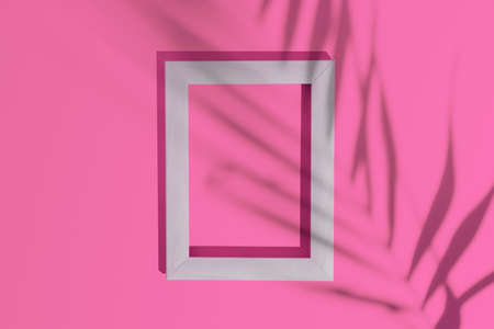 Frame for photo or painting on bright pink. Trending shadow from palm branch. Mockup. Place to...