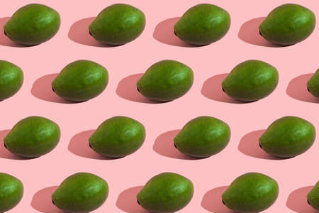 Trending style pattern of a whole green avocado on a pink background with hard light. Creative food texture.の写真素材