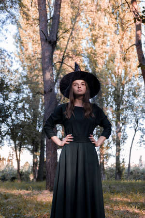 Pretty young beautiful woman in dark dress and witch hat standing in the middle of the autumn woods or park. Halloween party costume. Close-up portrait. Shadow on her face.の写真素材