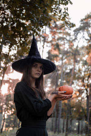 Young woman in dark dress and witch hat holds a pumpkin in her hands. Halloween party costume. Forest, park with autumn trees.の写真素材