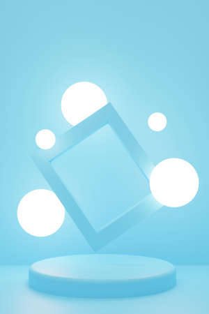 Cylindrical geometric podium mockup on blue background with illuminated circles and rectangular photo frame. Minimalistic trendy style for advertising cosmetics or product. 3d render illustration.の写真素材