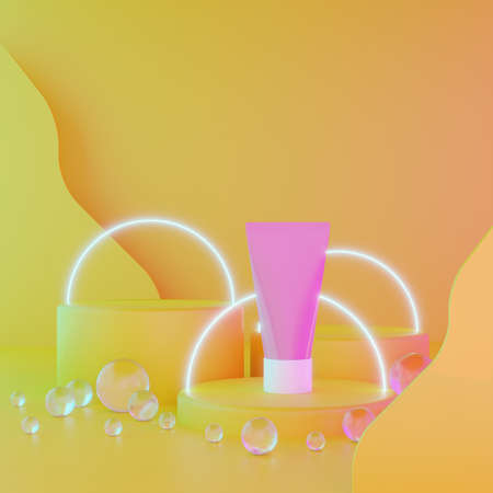 Three cylindrical geometric mockups podium and packaging cream on bright yellow illuminating background with glass balls, glowing circles. For advertising cosmetics or product. 3d render illustration.の写真素材