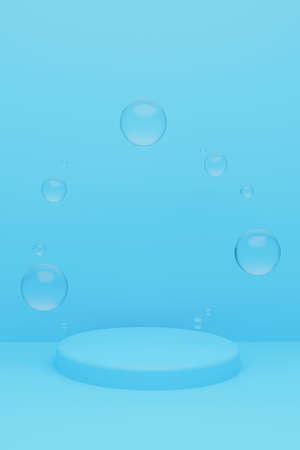 Cylindrical geometric podium mockup on light blue background with round glass balls in the air. Minimalistic trendy style for advertising cosmetics or product. 3d render illustration.の写真素材