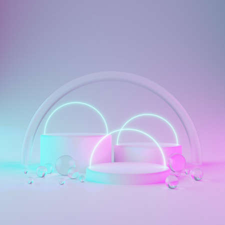 Three cylindrical geometric mockups podium on bright neon colored background with round glass balls, glowing circles. For advertising cosmetics or product. 3d render illustration.の写真素材