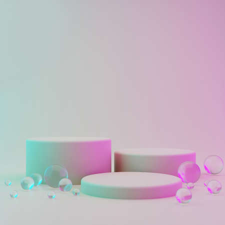 Three cylindrical geometric mockups of the podium on bright colored background with round glass balls on the floor. Minimalistic trendy style for cosmetics advertising. 3d render illustration.の写真素材