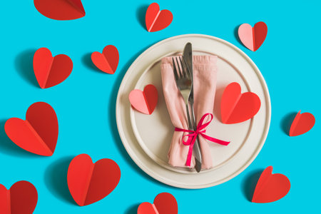 Served table with plate and cutlery forcelebration of Valentines Day. On plate is napkin with paper heart. Flatlay on bright blue background with red hearts. Top view.の写真素材
