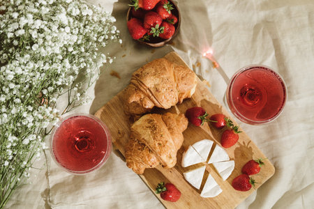 Cozy spring or summer picnic at home. Romantic picnic for Valentines Day on February 14 with...