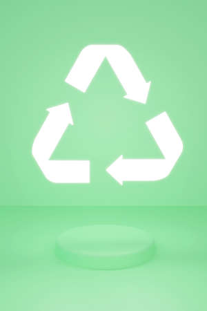 Sign Reduce, Reuse, Recycle on green background with glass balls. 3d render eco illustration.の写真素材