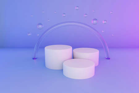 Pastel violet minimal three 3d background with neon effect. Poster design with studio podium platform, glass balls and glowing spheres. Abstract 3d render.の写真素材