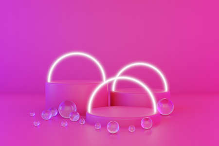 Pastel pink minimal three 3d background with neon effect. Poster design with studio podium platform, glass balls and glowing spheres. Abstract 3d render.の写真素材
