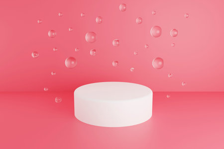 Pastel pink minimal 3d background. Poster design with studio podium platform, glass balls and bubbles. Abstract 3d render.の写真素材