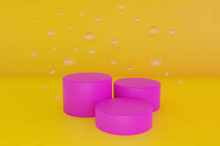 Bright yellow minimal three 3d background with neon effect. Poster design with studio podium platform, glass balls and bubbles. Abstract 3d render.の写真素材