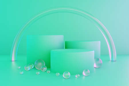 Pastel mint blue minimal 3d background. Poster design with studio podium platform. Abstract 3d render.の写真素材