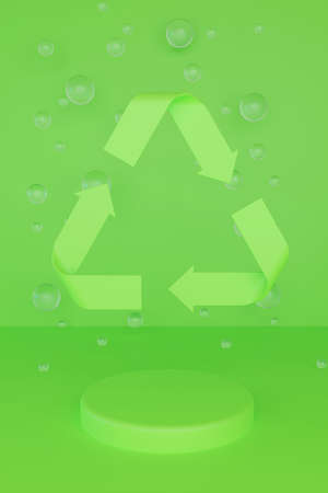 Sign Reduce, Reuse, Recycle on green background with glass balls and round podium. 3d render eco illustration.の写真素材