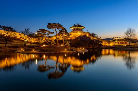 Hwaseong Fortress, Traditional Architecture of Korea in Suwon at Night, South Korea.のeditorial素材