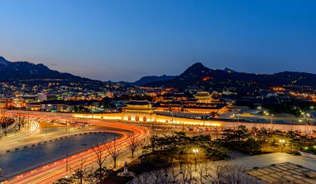 Gyeongbokgung Palace at night in seoul,Koreaのeditorial素材