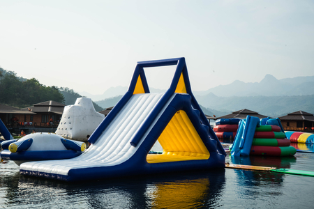 Blue inflatable floating water parkの写真素材