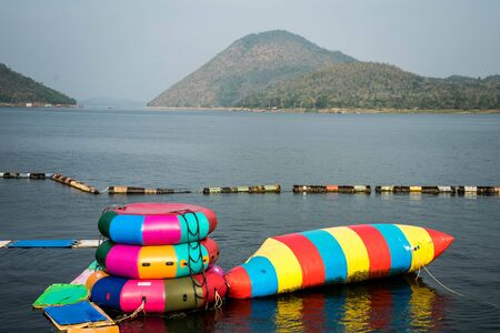 Colorful inflatable floating water parkの写真素材