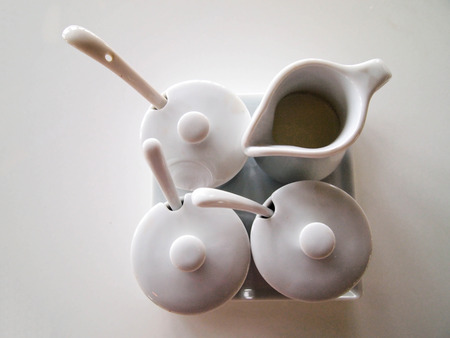 top view of four seasoning glass container ,isolated on whiteの写真素材