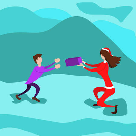 Flat Illustration Vector Graphic Beautiful Santa Girl Giving a gift box to a little boy and you can see the boy running to greet him out of joy.のイラスト素材