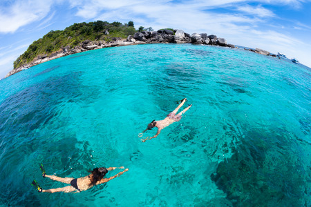 skindiving in the sea with goggles and a snorkelの写真素材