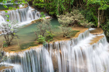 Beautiful waterfall in the national park forest at Huai Mae Khamin Waterfall, Kanchanaburi Thailandの写真素材